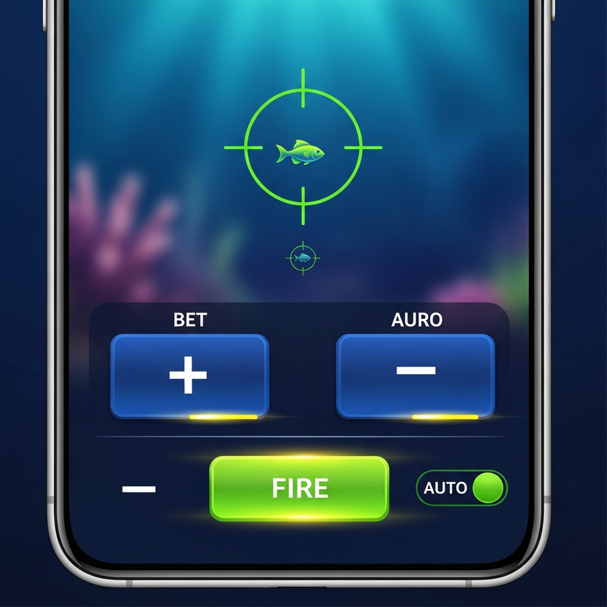 To visually explain the user interface and controls of a mobile fish shooting game, as described in the article. This image helps players understand how to aim, fire, and adjust bets.