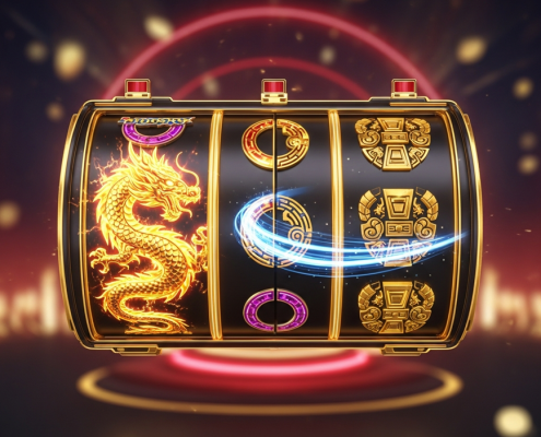 A premium online slot machine interface showcasing symbols from Fa Chai's top games, featuring a glowing golden dragon and ancient empire artifacts, representing the excitement of online gaming in Malaysia.