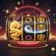 A premium online slot machine interface showcasing symbols from Fa Chai's top games, featuring a glowing golden dragon and ancient empire artifacts, representing the excitement of online gaming in Malaysia.