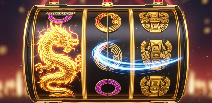 A premium online slot machine interface showcasing symbols from Fa Chai's top games, featuring a glowing golden dragon and ancient empire artifacts, representing the excitement of online gaming in Malaysia.