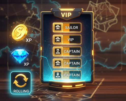 A futuristic pirate-themed online casino VIP dashboard showing a glowing rank progression bar, with icons for Gold Coins, XP Diamonds, and wagering activity, set against a treasure map background.