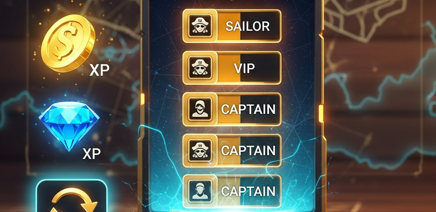 A futuristic pirate-themed online casino VIP dashboard showing a glowing rank progression bar, with icons for Gold Coins, XP Diamonds, and wagering activity, set against a treasure map background.