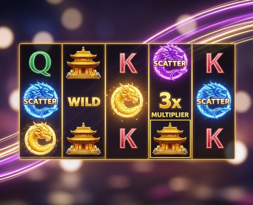 A dynamic and premium online slot machine interface illustrating YGR game mechanics, with glowing Wild, Scatter, and Multiplier symbols visible on the reels.