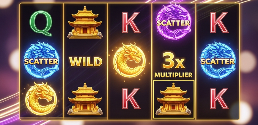 A dynamic and premium online slot machine interface illustrating YGR game mechanics, with glowing Wild, Scatter, and Multiplier symbols visible on the reels.