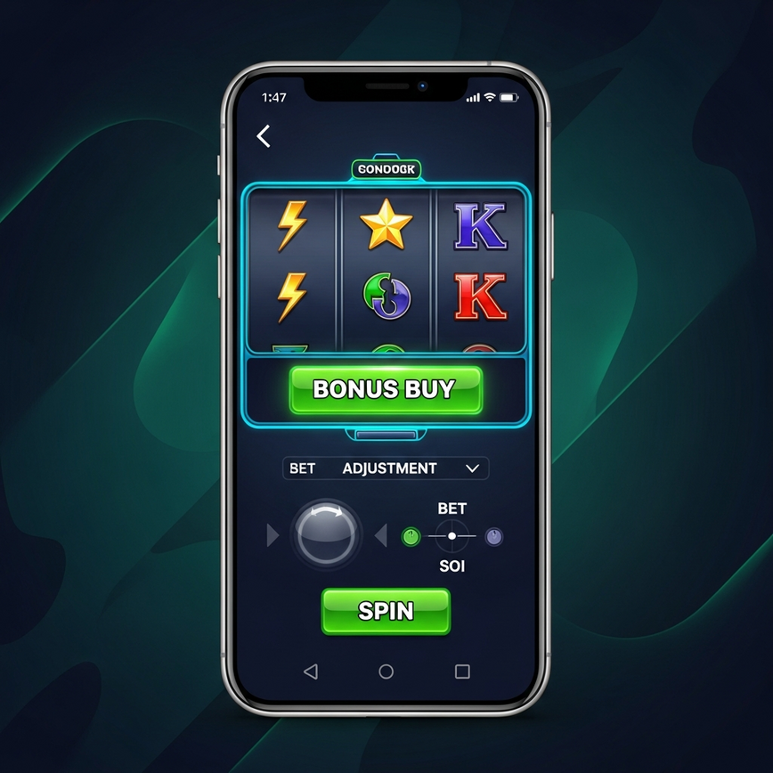 To illustrate the mobile-optimized user interface and highlight the 'Bonus Buy' feature, directly supporting the 'Mobile Interface Optimization' and 'Bonus Buy Feature Interface' sections.