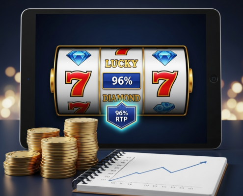 A sophisticated display of a classic online slot game on a tablet, highlighting a 96% RTP, with casino chips and a bankroll graph symbolizing a conservative budget strategy for Malaysian players.