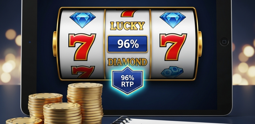 A sophisticated display of a classic online slot game on a tablet, highlighting a 96% RTP, with casino chips and a bankroll graph symbolizing a conservative budget strategy for Malaysian players.