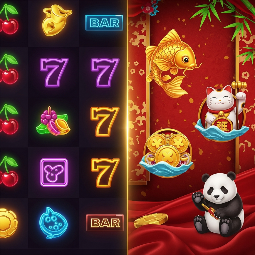 To visually differentiate between the two recommended low-risk game categories for conservative players: classic fruit machines and Asian-themed slots.