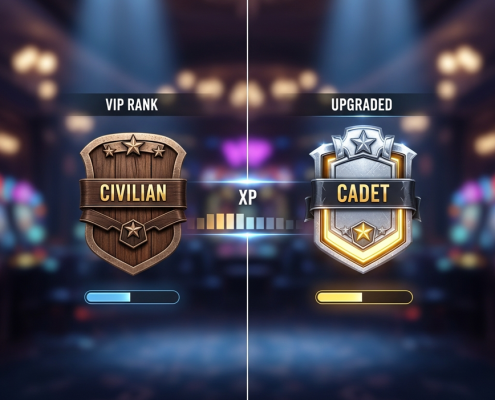 A visual representation of a casino VIP tier system, showing a basic 'Civilian' rank badge evolving into a premium 'Cadet' rank badge with an XP progression bar.