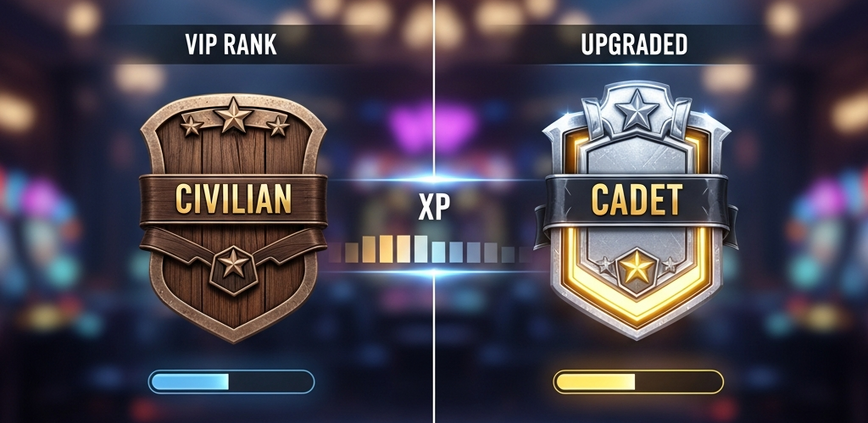 A visual representation of a casino VIP tier system, showing a basic 'Civilian' rank badge evolving into a premium 'Cadet' rank badge with an XP progression bar.