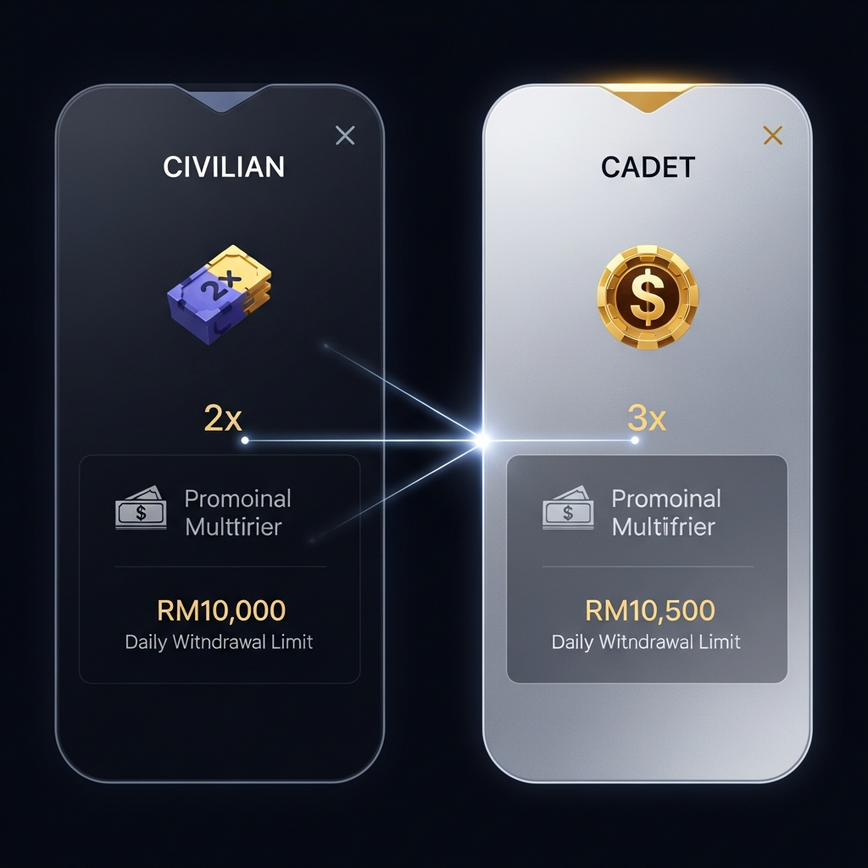 Comparison of rebate earnings between Civilian and Cadet ranks at different daily rolling volumes on Pirate777.