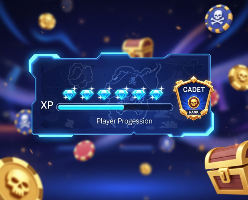 A dynamic 3D render of an online casino player progression interface, showing a glowing XP bar filling with diamond icons, leading to a 'Cadet' rank badge on a pirate-themed treasure map.