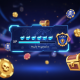 A dynamic 3D render of an online casino player progression interface, showing a glowing XP bar filling with diamond icons, leading to a 'Cadet' rank badge on a pirate-themed treasure map.