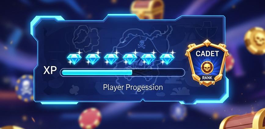 A dynamic 3D render of an online casino player progression interface, showing a glowing XP bar filling with diamond icons, leading to a 'Cadet' rank badge on a pirate-themed treasure map.