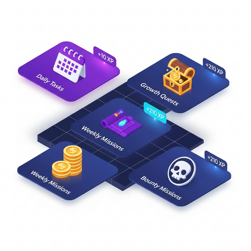 To visually represent the different sources of XP available to players, such as Daily Tasks, Growth Quests, and Bounty Missions, in a clear and engaging way.