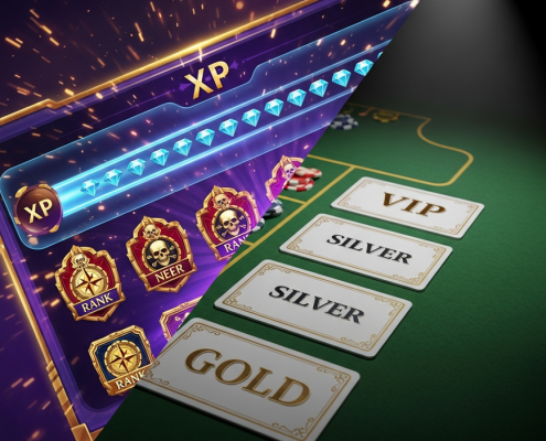 A dynamic comparison of casino loyalty programs: on one side, a modern, pirate-themed interface with a glowing XP bar, and on the other, traditional bronze, silver, and gold VIP cards.