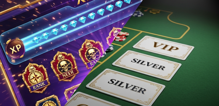 A dynamic comparison of casino loyalty programs: on one side, a modern, pirate-themed interface with a glowing XP bar, and on the other, traditional bronze, silver, and gold VIP cards.