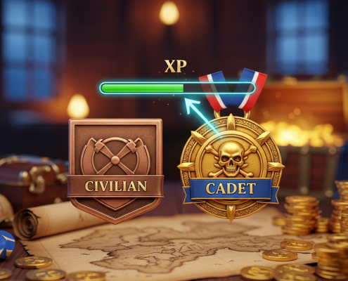 A premium pirate-themed online casino interface showing the progression from a Civilian rank to a more prestigious Cadet rank, with a glowing XP bar and a background of treasure.