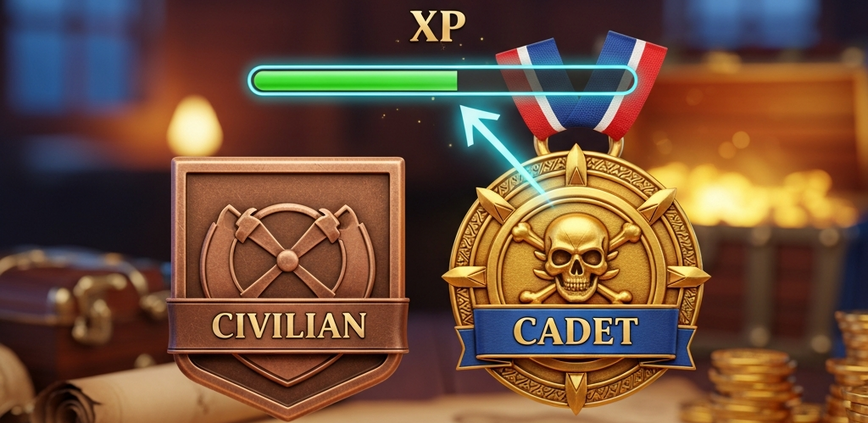 A premium pirate-themed online casino interface showing the progression from a Civilian rank to a more prestigious Cadet rank, with a glowing XP bar and a background of treasure.