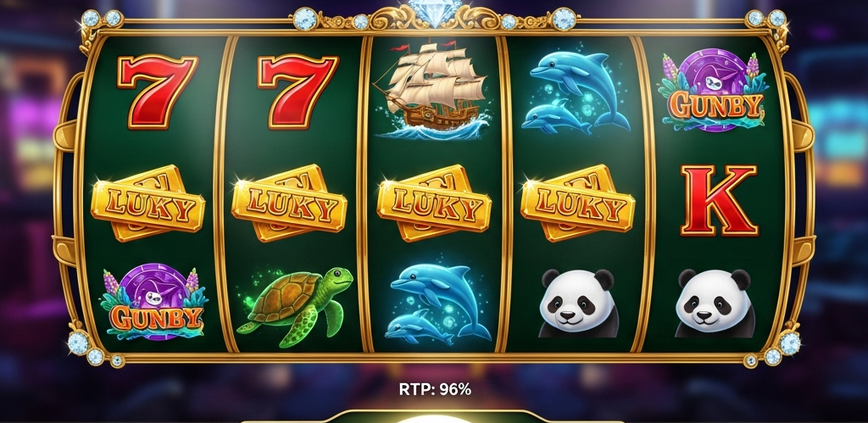 Vibrant online slot machine interface with spinning reels displaying classic and themed symbols like pirates, pandas, and ocean creatures, set against a luxurious digital casino background, highlighting a '96% RTP' display for Malaysian players.