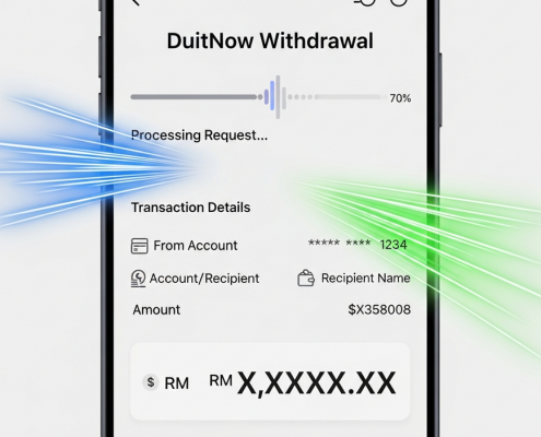 A modern digital interface on a smartphone screen displaying a DuitNow withdrawal in progress, with glowing lines and a fast-forward clock icon, symbolizing rapid and secure transaction processing through optimal timing.