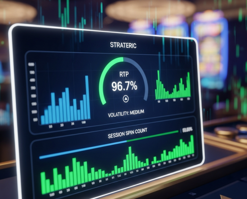 A sophisticated digital dashboard for a Mega888 online slot game, showing a high RTP percentage and volatility meter, representing an advanced strategy for Malaysian players.