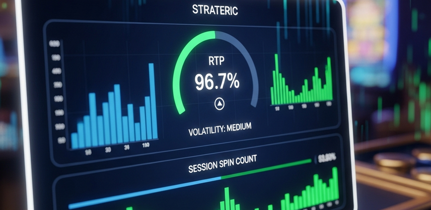 A sophisticated digital dashboard for a Mega888 online slot game, showing a high RTP percentage and volatility meter, representing an advanced strategy for Malaysian players.