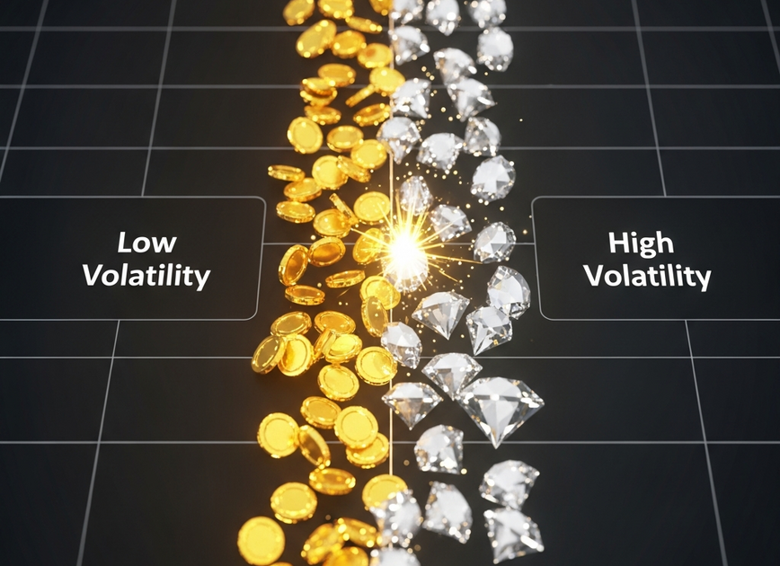 Perbandingan skrin terbahagi yang menunjukkan volatility rendah sebagai aliran kemenangan kecil yang stabil berbanding volatility tinggi sebagai ledakan kemenangan besar yang jarang berlaku, menggambarkan strategi slot Mega888 yang penting.