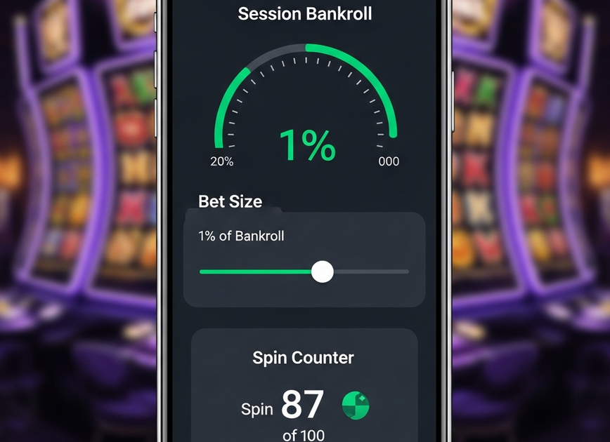 Antara muka kasino mudah alih yang menunjukkan pengurusan bankroll strategik, dengan saiz pertaruhan ditetapkan pada 1% daripada bankroll dan pembilang putaran, menonjolkan permainan yang berdisiplin.