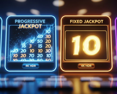 A dynamic online slot machine interface comparing a rapidly increasing progressive jackpot display in blue with a static, glowing fixed jackpot display in gold, representing the core concepts of Mega888 jackpot games.