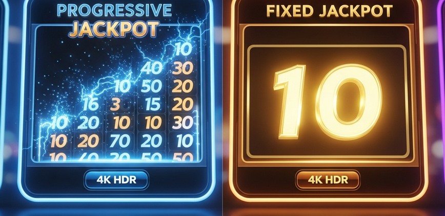 A dynamic online slot machine interface comparing a rapidly increasing progressive jackpot display in blue with a static, glowing fixed jackpot display in gold, representing the core concepts of Mega888 jackpot games.