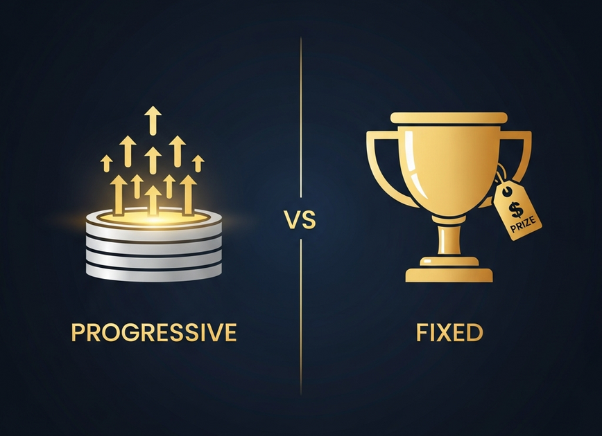 Infografik yang membandingkan secara visual jackpot progresif, ditunjukkan sebagai kumpulan hadiah yang terkumpul, dengan jackpot tetap, ditunjukkan sebagai hadiah trofi emas statik.