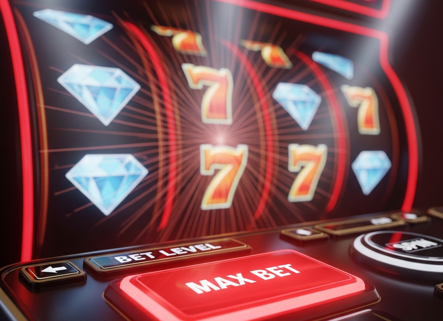 Pandangan dekat butang 'MAX BET' yang bercahaya pada panel kawalan mesin slot dalam talian, melambangkan strategi yang diperlukan untuk mencetuskan jackpot.