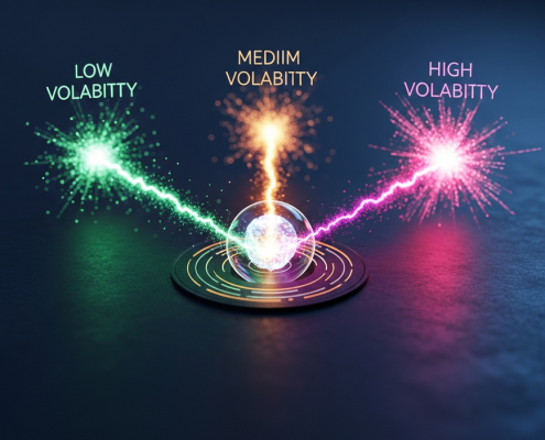 A conceptual 3D render of a 'volatility map' showing three glowing paths in green, orange, and red, representing low, medium, and high-risk online slot game strategies.