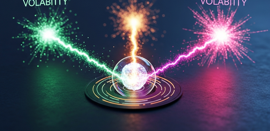 A conceptual 3D render of a 'volatility map' showing three glowing paths in green, orange, and red, representing low, medium, and high-risk online slot game strategies.