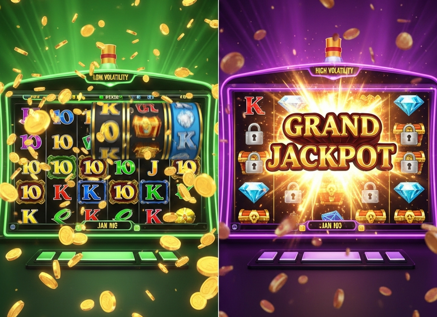 A split-screen comparison of two slot games: the left side shows a low volatility game with frequent small coin wins, and the right side shows a high volatility game with a massive, explosive jackpot win.