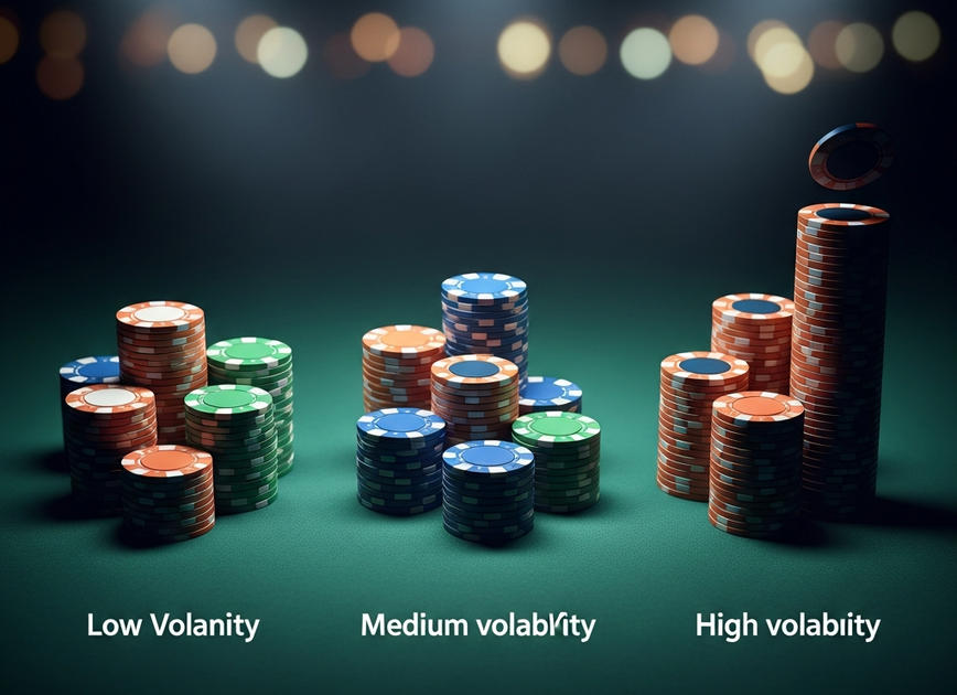 Three arrangements of casino chip stacks on a gaming table, symbolizing bankroll strategies: many small stacks for low volatility, mixed stacks for medium, and a few tall stacks for high volatility.