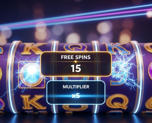 A close-up of a modern online slot machine interface activating a bonus round, with a prominent free spins counter and a 5x multiplier indicator glowing on screen.
