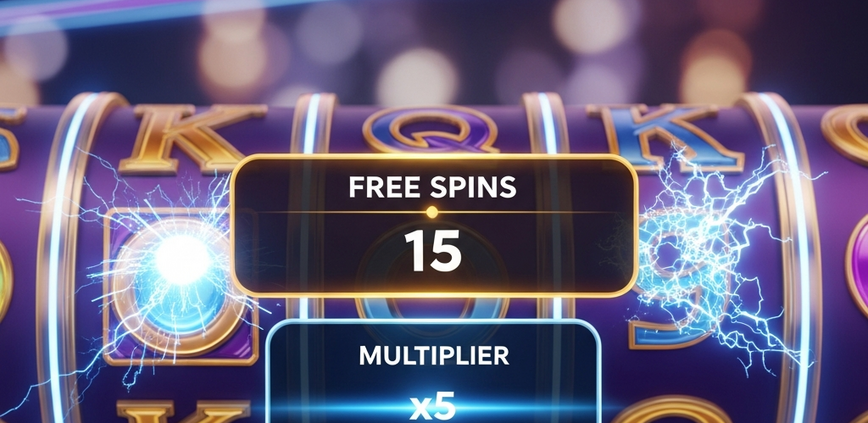 A close-up of a modern online slot machine interface activating a bonus round, with a prominent free spins counter and a 5x multiplier indicator glowing on screen.