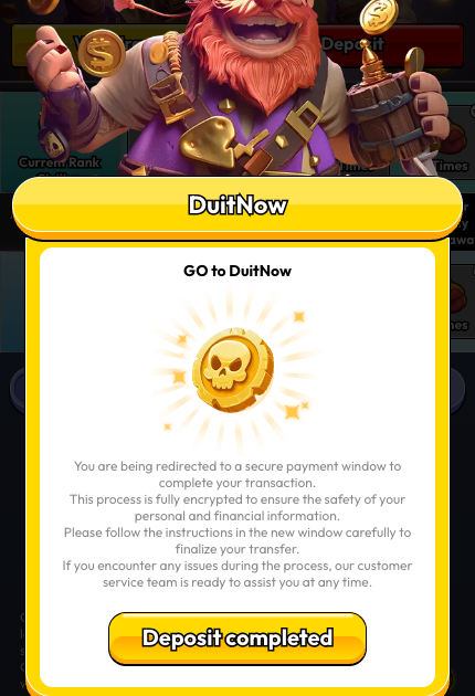 Pirate777 DuitNow gateway confirmation screen with GO to DuitNow button and secure redirect notice