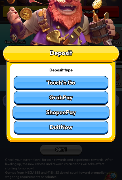 Pirate777 E-Wallet deposit picker showing Touch n Go, GrabPay, ShopeePay, and DuitNow options
