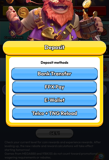 Pirate777 Deposit methods selection page showing Bank Transfer, FPX Pay, E-Wallet, and Telco plus TNG Reload options