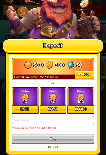 Pirate777 Deposit modal showing RM 10, RM 60, RM 100 coin package tiers with Enter amount field and Buy button