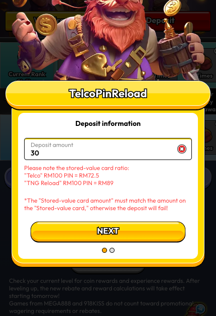 Pirate777 Telco PIN Reload deposit form showing conversion ratio warning Telco RM100 PIN equals RM72.5 and TNG Reload RM100 equals RM89