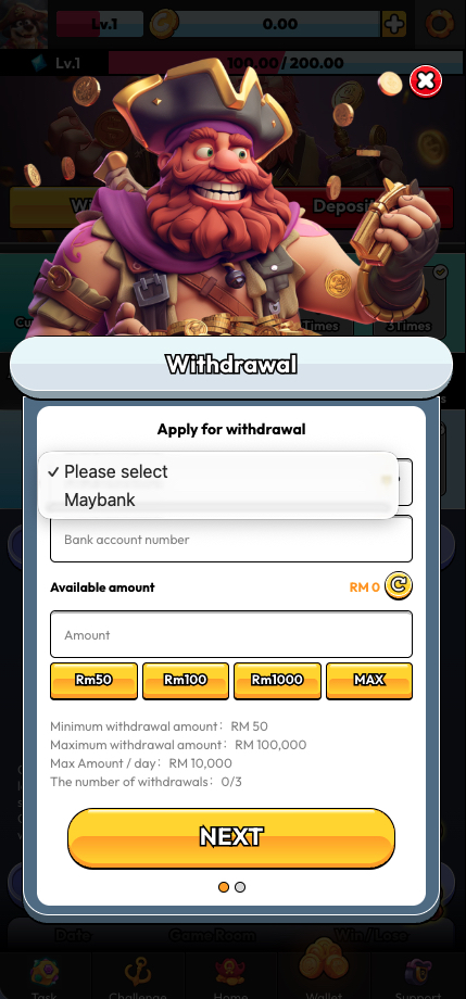 Pirate777 Withdrawal modal with bank dropdown expanded showing Please select checked and Maybank as registered bank option
