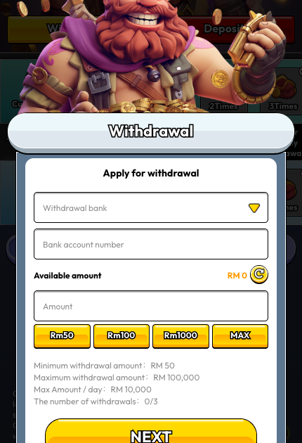 Pirate777 Withdrawal modal with Withdrawal bank dropdown, Bank account number field, Amount input, RM50 RM100 RM1000 MAX quick picks and limits RM 50 minimum RM 100,000 maximum RM 10,000 daily 0/3 withdrawals