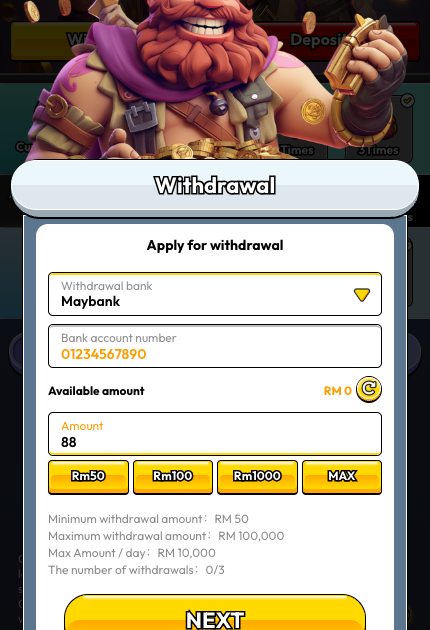 Pirate777 Withdrawal modal completed form showing Maybank selected, bank account number entered, withdrawal amount filled and yellow NEXT button highlighted