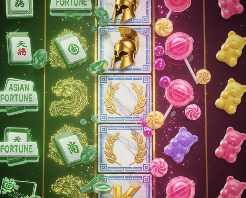 A dynamic montage showcasing the variety of Cosmo Play slot themes, blending elements of Asian Mahjong, Greek mythology, and whimsical candy into a single, premium online slot interface.