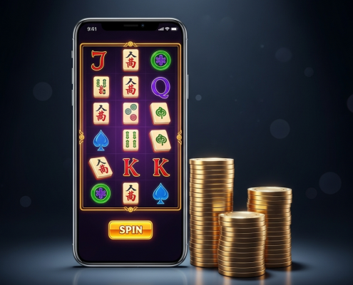 A smartphone showing an online slot game next to three stacks of casino chips of different sizes, representing a budget guide for Cosmo Play games in Malaysia.