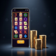 A smartphone showing an online slot game next to three stacks of casino chips of different sizes, representing a budget guide for Cosmo Play games in Malaysia.